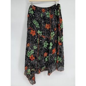 Lola P. Black Floral‎ Print Asymmetrical Hem Midi Skirt Women's Sz L
